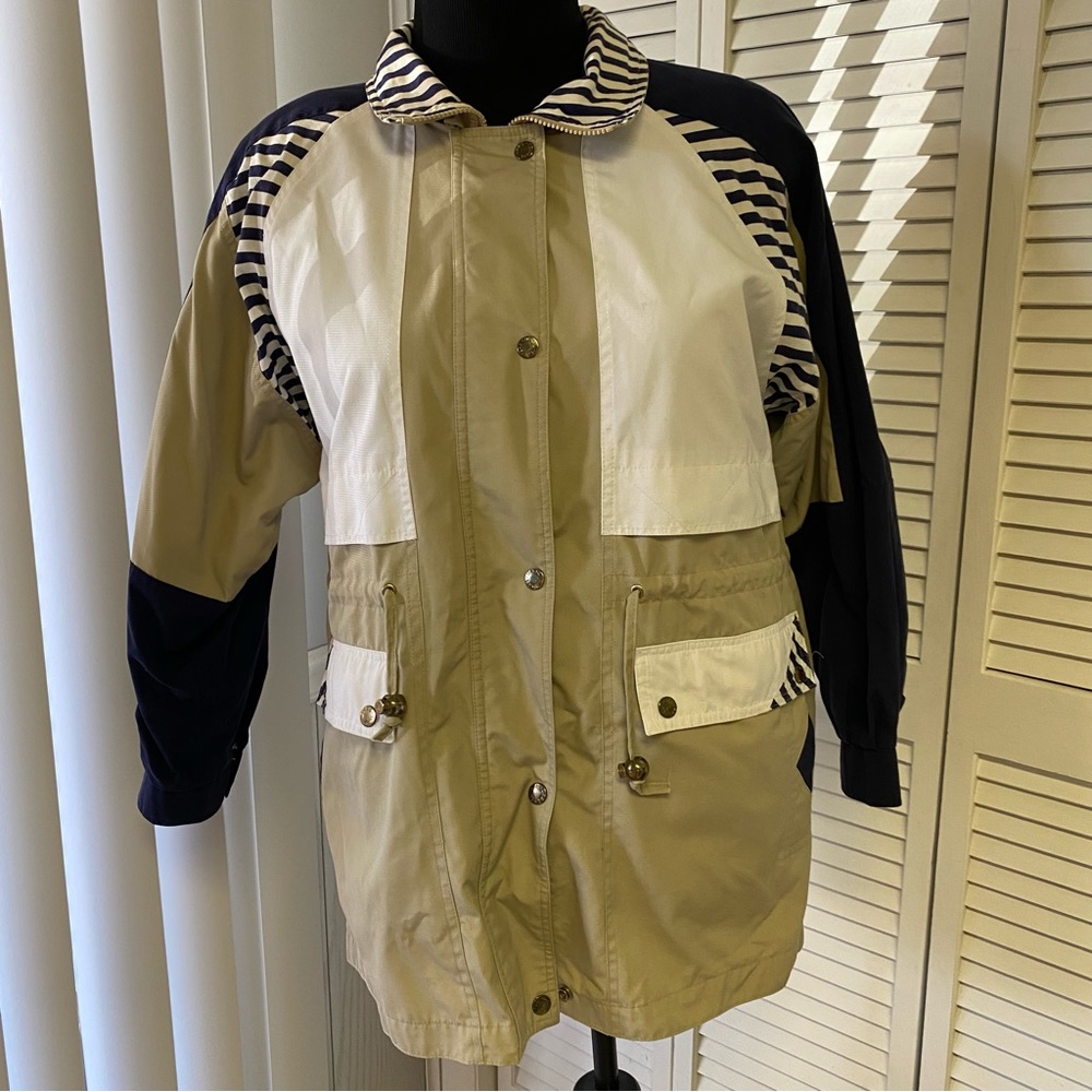 Current Seen Men’s Jacket Beige Blue White Striped ColorBlock Size Medium